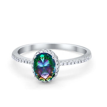 Halo Fashion Ring Oval Simulated Rainbow Topaz Accent 925 Sterling Silver